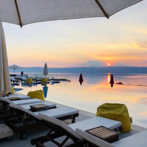 "Revel in the beauty of the Dead Sea at our hotel, where modern design meets coastal charm